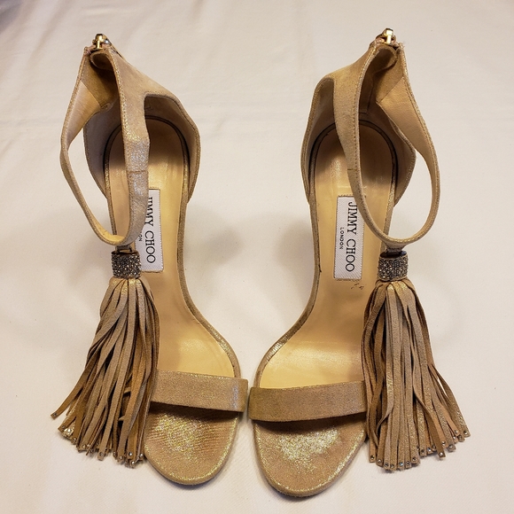 Jimmy Choo Metallic Strappy Heels with Tassels - Picture 8 of 15